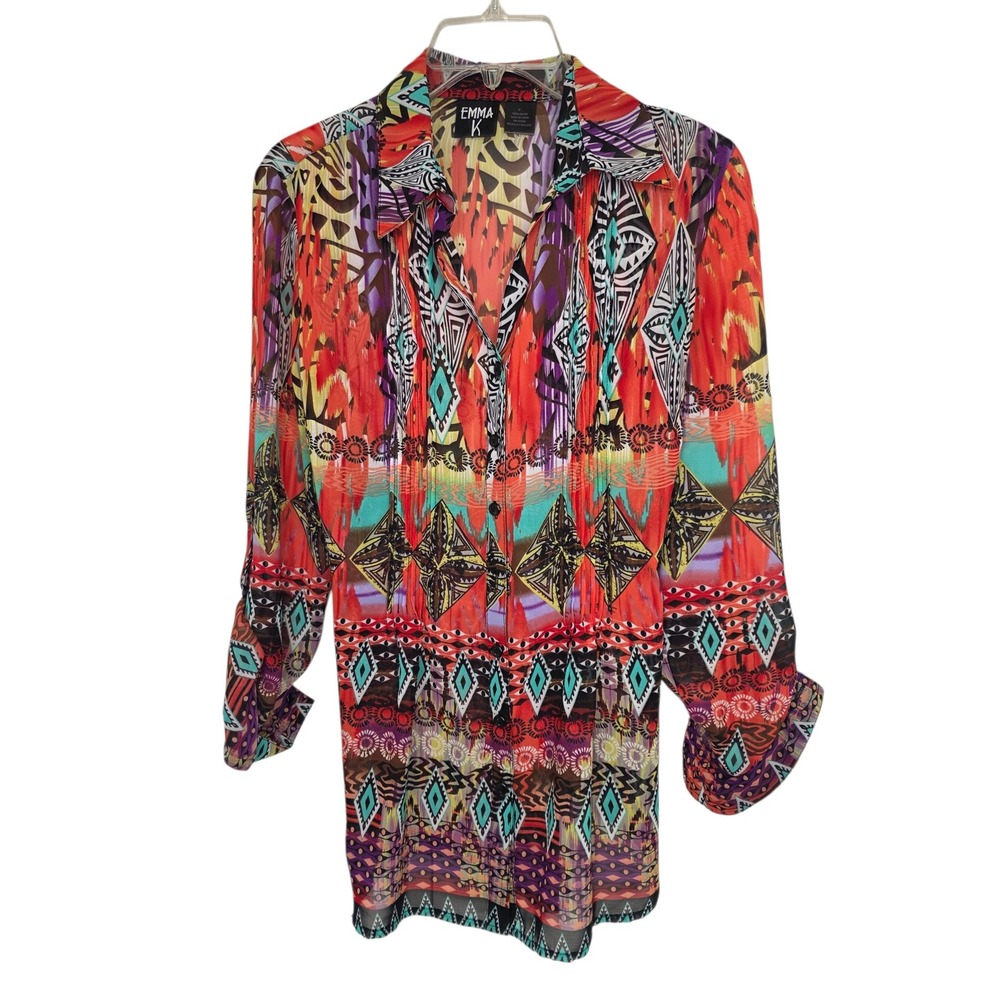 Emma K Womens Multicolor Geometric Tribal Print Tie Back Button Down Blouse S - Picture 5 of 11